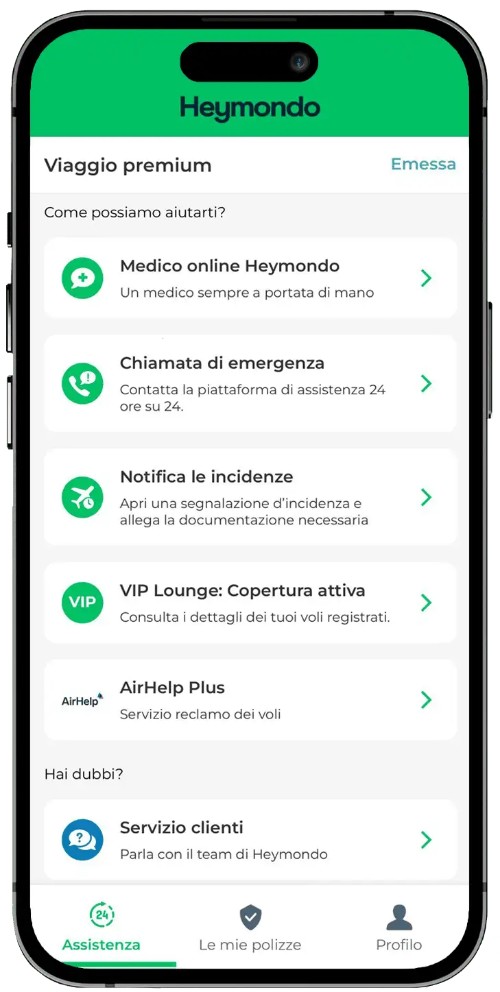 Screenshot dall'app Heymondo con le varie opzioni di contatto e altre funzionalità