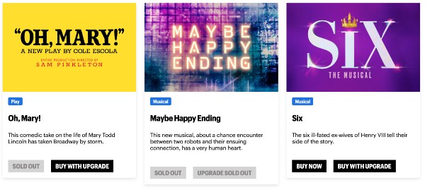 screenshot dal sito ufficiale Broadway Week con 3 box musical, 2 sold-out e 1 acquistabile