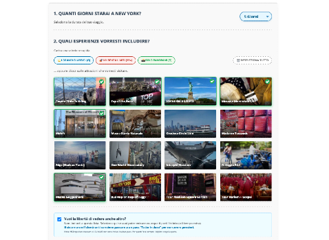 Anteprima schermata di selezione giorni e attrazioni del Comparatore by NewYorkFacile.it