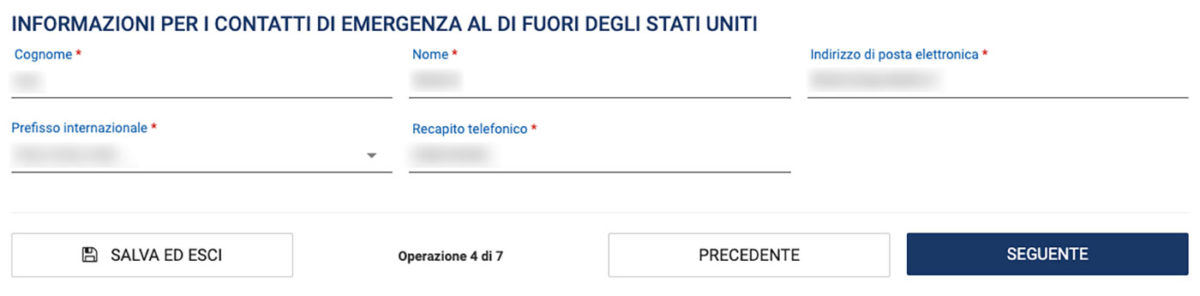 Indicazione di un contatto di emergenza fuori USA nella richiesta ESTA