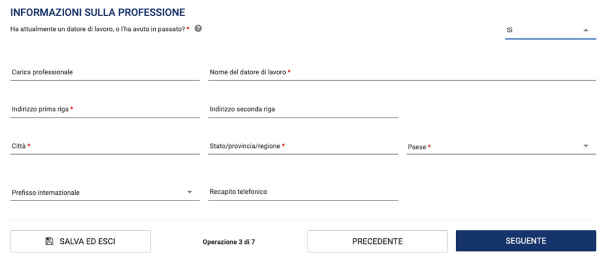 Informazioni sul datore di lavoro nella richiesta ESTA