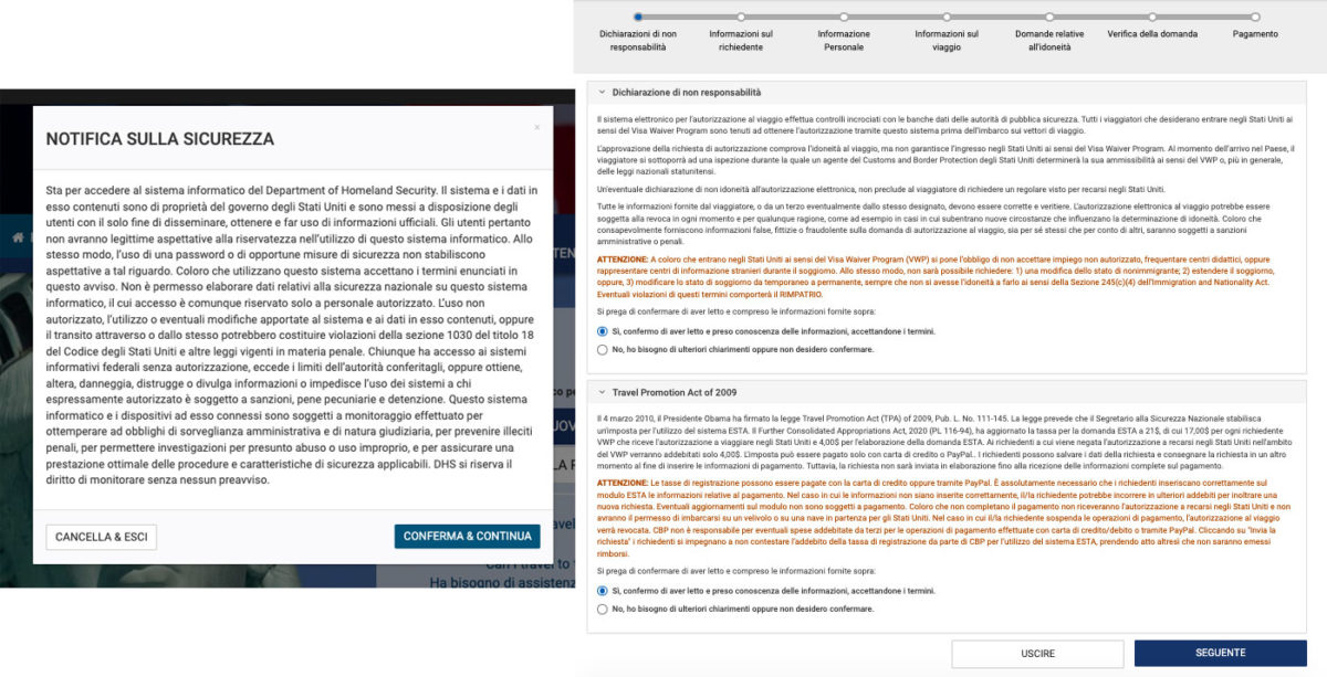 Come compilare l'ESTA: notifica di sicurezza e dichiarazione di non responsabilità