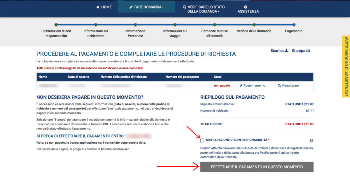 Riepilogo e pagamento autorizzazione ESTA