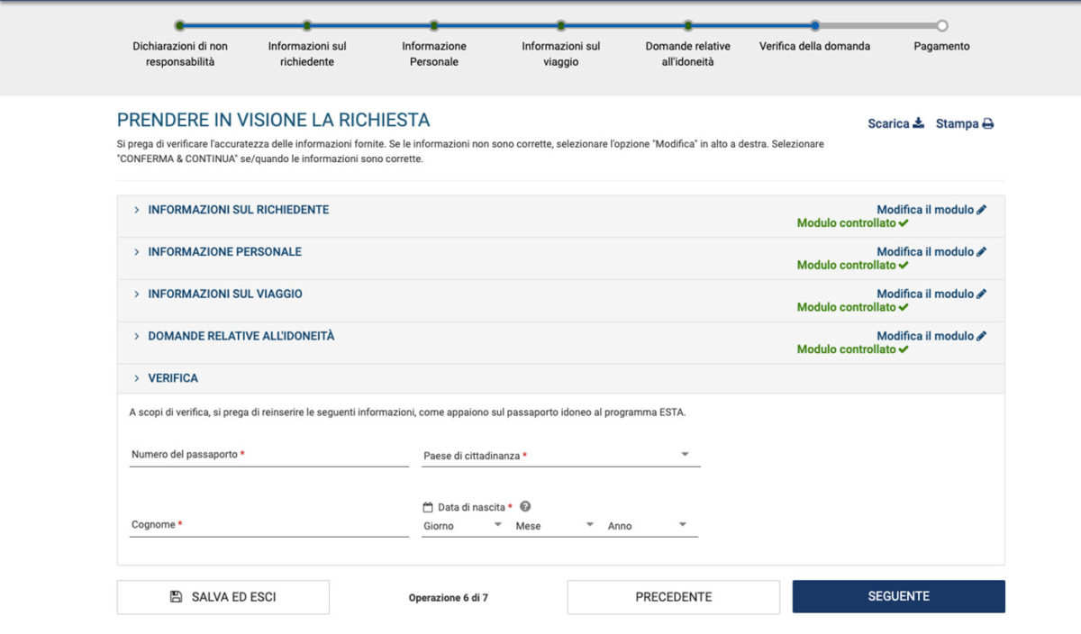 Step di verifica della domanda ESTA