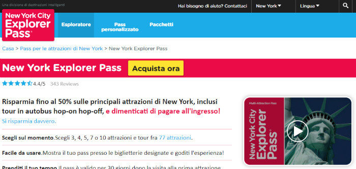Screenshot del sito ufficiale del New York Explorer Pass