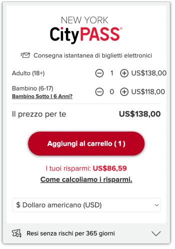 Screenshot, acquisto New York City Pass