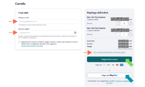 Checkout Explorer Pass New York, dove inserire i dati personali ed un eventuale codice sconto