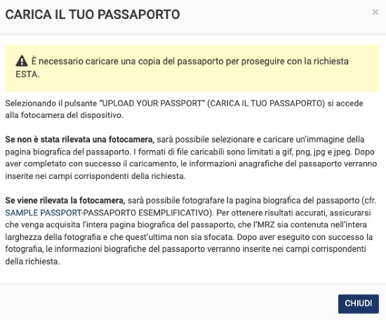 Messaggio di richiesta foto passaporto per ESTA