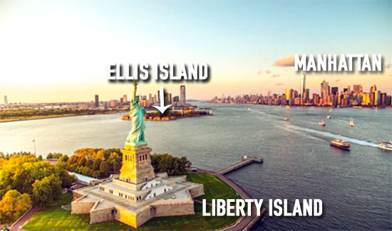 panorama Ellis Island su Manhattan e Liberty Island