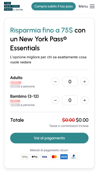 Primo passo per l'acquisto del Pass Essentials: selezione del numero di pass per adulti e bambini.