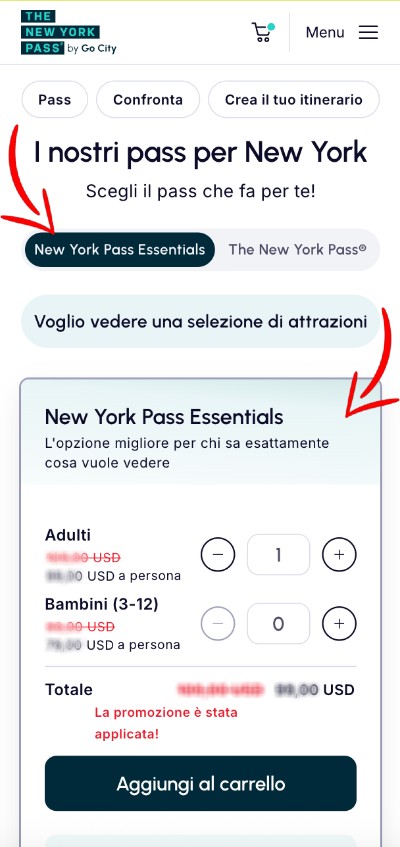 New York Pass Essentials - step 1 del processo di acquisto