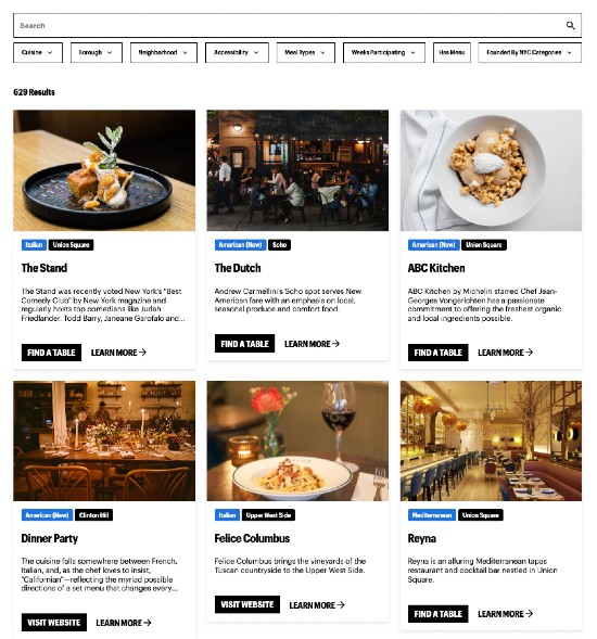 Screenshot sito ufficiale per prenotazione ristoranti della Restaurant Week NYC