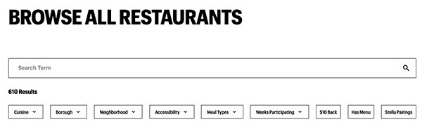 sistema di ricerca ristoranti aderenti la Restaurant Week con filtri