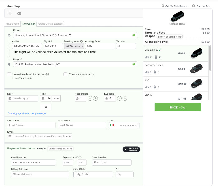 Scheda con form di prenotazione per navetta GoAirlink per New York