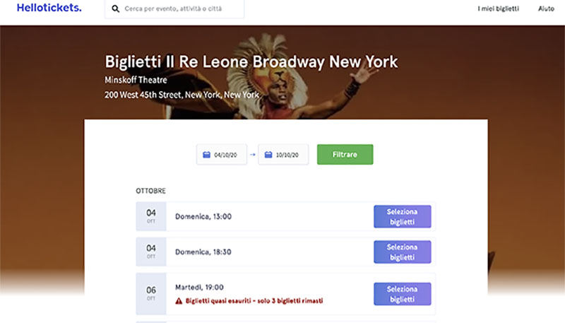 selezione delle date per i biglietti del musical Il Re Leone