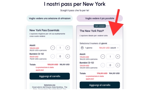 Schermata principale di acquisto del New York Pass una volta atterrati nel sito ufficiale di GoCity