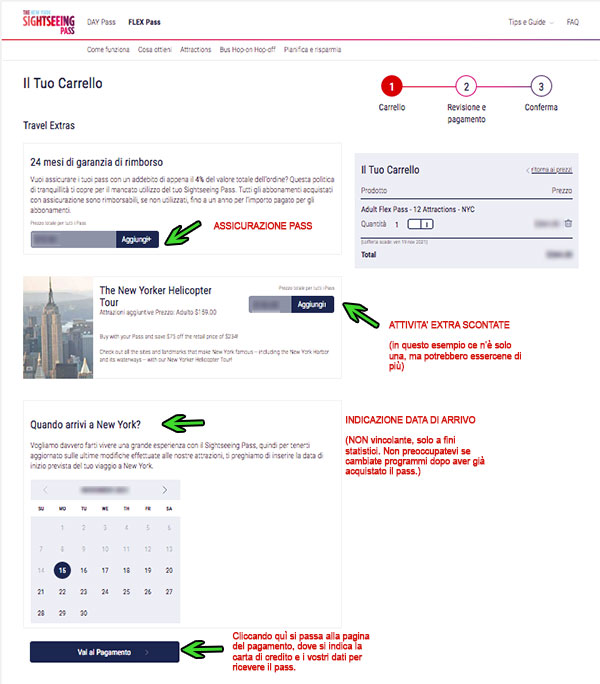 Esempio di carrello per acquistare il Sightseeing Flex Pass