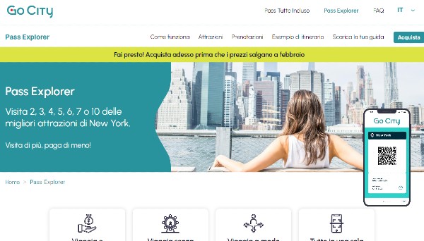 Screenshot del sito ufficiale del New York Explorer Pass