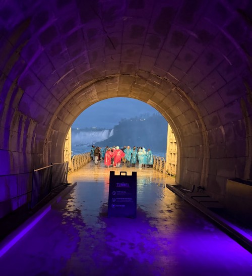 La piattaforma panoramica con alcuni visitatori in prospettiva dal tunnel della centrale idroelettrica