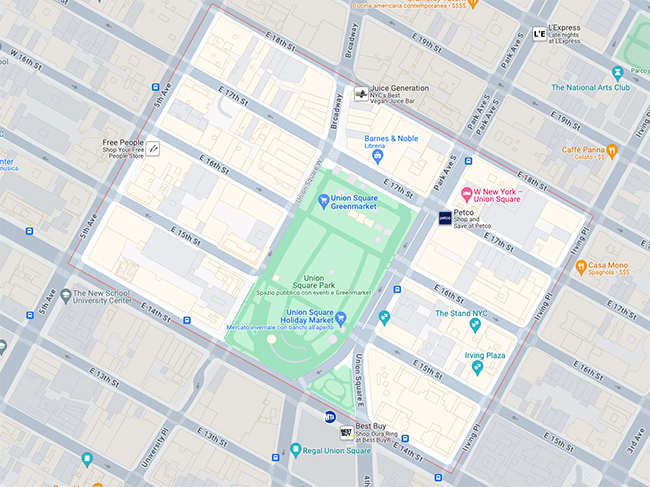 Vista su mappa di Union Square a New York.